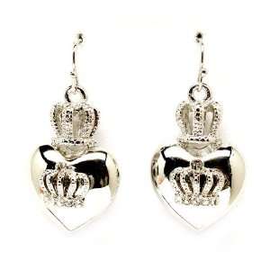  Silvertone Designer Inspired Heart Crown Dangle Earrings 