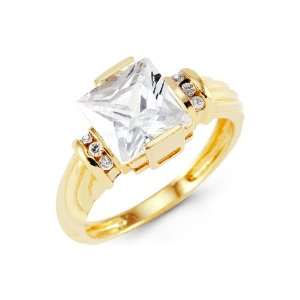  Solid 14k Yellow Gold Band Round Large Princess CZ Ring 