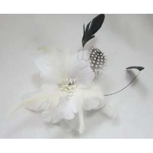NEW White Formal Flower with Feathers Hair Clip Pin and Band   3 in 1 