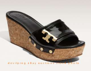 NIB TORY BURCH PAMELA Wedge Sandals Shoes Black Patent Leather/Gold 