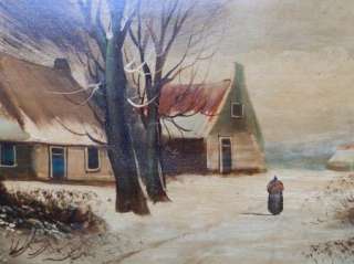   Signed Oil Painting Art Woman European Farm Town Winter Unknown  
