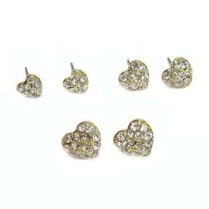   Stud Earrings; 13mm, 10mm, 8mm; Gold Metal; Clear Rhinestones; Post