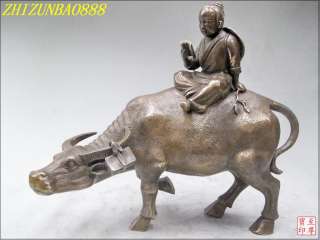 11chinese Classic pure Bronze sculpture School Boy Ride Cows OX 