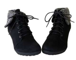 Chic Suede Lace up Fold Over Shearing Detail Wedge Ankle Boots Booties 