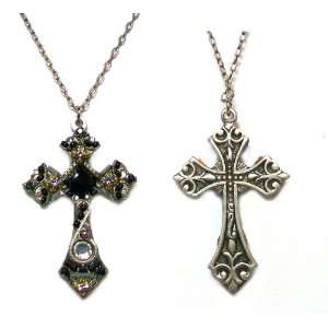  Firefly Antique Steel Mosaic Inlay Cross Pendant Necklace 