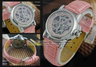 R199 Lovely Nice Unisex Womens Pink Leather Strap Skeleton Automatic 
