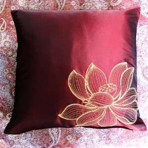 Contemporary Thai Silk Throw Pillow, Gold Embroidered Large Lotus 