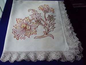 REDWORK Tablecloth w/ HAND EMBROIDERY Crochet LACE  