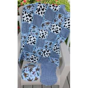  Cowboy Print Baby Rag Quilt in Blue with Matching Burp 
