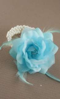 New Ladies Girls Wedding Prom Wrist Flower & Feather Corsage Pearl 
