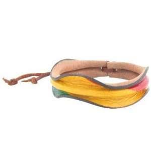 Red, Yellow and Green Leather Scrunched Rasta Wrist Band   Adjustable 