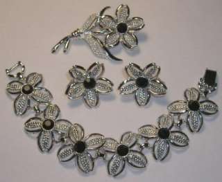Sarah Coventry Flower Parure, Earrings (Clip), Pin & Bracelet, Silver 
