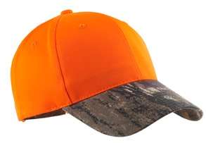 SAFETY ORANGE / CAMOUFLAGE CAP, HAT, MOSSY OAK BRIM  