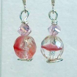 Clip on earrings pink givre bead n crystal dangles NWOT  