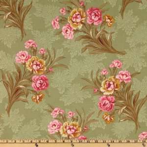  44 Wide Rue Saint Germain Large Roses Pink/Olive Fabric 