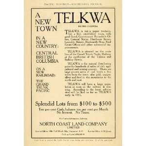  1910 Ad North Coast Land Telkwa British Columbia Prices 