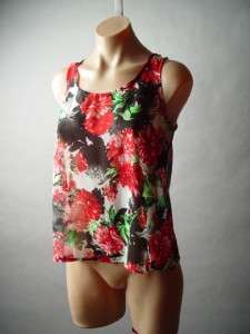  Sheer Chiffon Floral Lace Print Blk Cutout Open Back Tank Top Blouse L