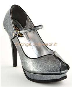   Womens Peep Toe Mary Janes Silver Glitter High Heels Retro Shoes Pumps