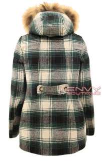   BELTED DUFFLE CHECKED QUILTED PADDED FUR HOODED JACKET COAT  