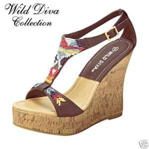 WILD DIVA sandals/shoes Brown Cork Wedge Indian Beads  