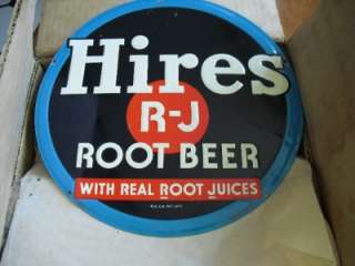   1950s EMBOSSED DISK METAL HIRE ROOT BEER SODA SIGN with paper  