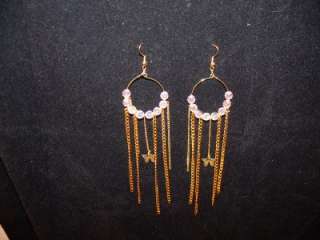   Pink Beads Plus Goldtone Butterfly Chains Hoop Earrings Unique  