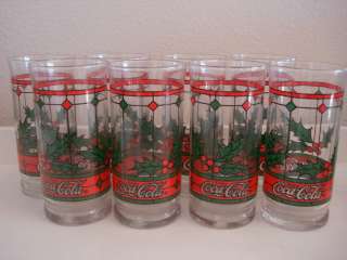 COCA COLA STAINED GLASS HOLLY BERRY CHRISTMAS GLASSES BY LIBBEY 