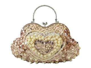 Full Beaded Sequins Pearls Evening Purse Heart 8 Colors  
