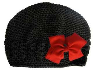  A Girl Company Black Crochet Beanie Hat with Red Hair Bow 
