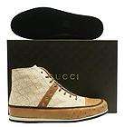 NEW $695 GUCCI MENS BEIGE FABRIC WITH CAMEL OSTRICH TRIM HIGH TOP 