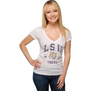  LSU Tigers Womens White Burnout V Neck T Shirt Sports 