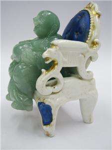 ANTIQUE JADE BUDDHA LAUGHING ON PORCELAIN CHAIR  