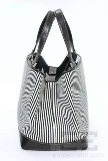 Kate Spade Navy & White Striped Canvas & Black Leather Trim Tote Bag 