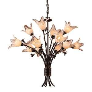 12 LIGHT CHANDELIER IN AGED BRONZE AND HAND BLOWN TULIP GLASS W29 H 