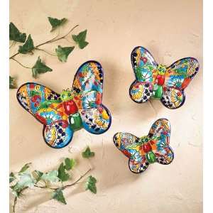  Hand Painted Ceramic Talavera Butterflies Set of 3 Patio 