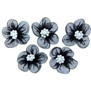  5 Petal Organza Ribbon Flower with Bead in Black   10 