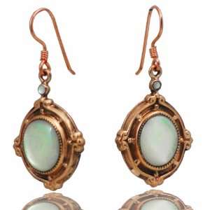 Retro Vintage Copper & Mother of Pearl Oval Dangle Earrings 1.75 Drop 