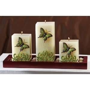  Butterfly Square Pillar Candle Set W/ Wooden Tray By 