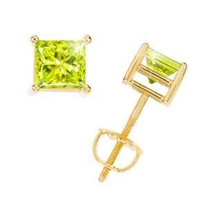  Princess Cut 14K Yellow Gold Stud Earrings with Greenish 
