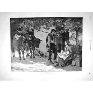    1893 NOON FAMILY MOTHER BABY OXEN CHICKENS FARMYARD