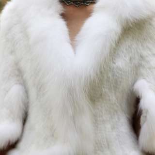 Pure white mink fur with fox fur brim knit shawl cape wrap stole vest 