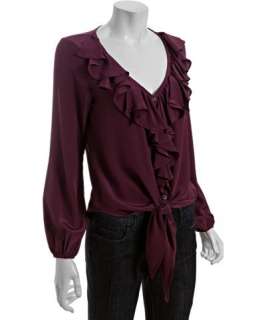 Wyatt aubergine silk ruffle v neck tie detail blouse