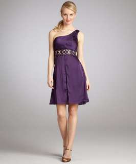 Sue Wong dark purple satin beaded waist one shoulder party dress