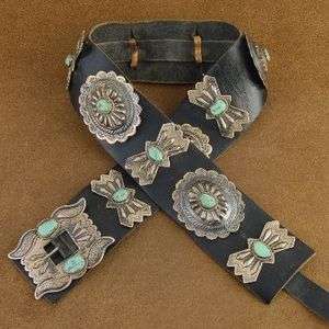   1960s Old Pawn Sterling Silver Turquoise Concho Leather Belt  