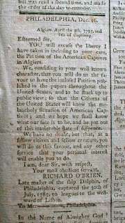 1793 Boston newspaper BARBARY PIRATES hold US hostages captive 8 yrs 