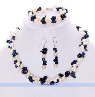 Blue Lapis & White Pearl Necklace Earrings Bracelet Set  