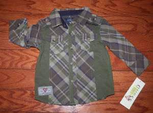 NWT Guess Boys Army Green LS Collared Shirt Size 12 mos  