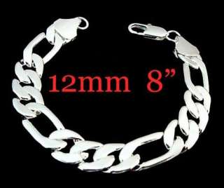 12mm 8 Mens Figaro Bracelet,Silver Plated Wholesale price B66  