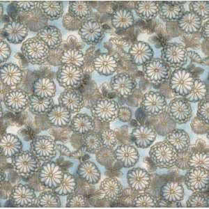   Robert Kaufman Oriental Fabric, Cream and Gray Flowers on Light Blue