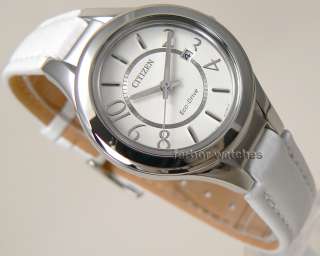 CITIZEN LADY ECO DRIVE WHITE FACE LEATHER BAND DATE 50 m FE1020 11B 